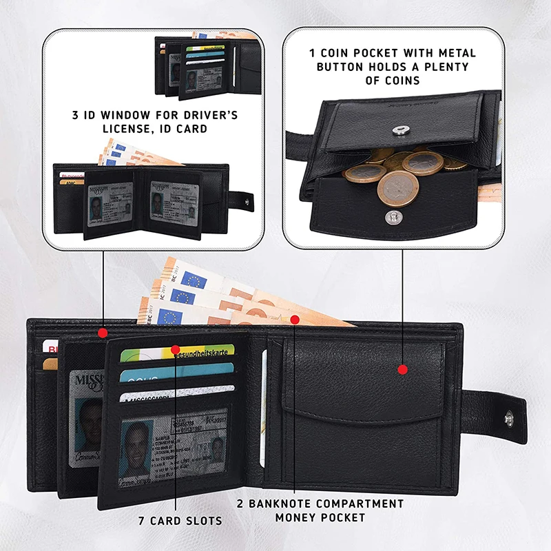 Lychee Pattern Genuine Leather Wallet Buckle Multi Card Slot Large Capacity RFID Men's Wallet with ID Window And Coin Purse