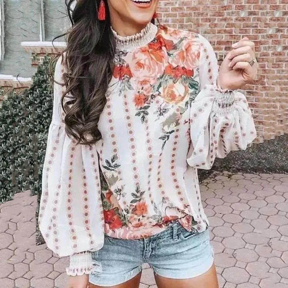 Весна 2020 свободная богемная Цветочная женская блузка с принтом рукав фонарик