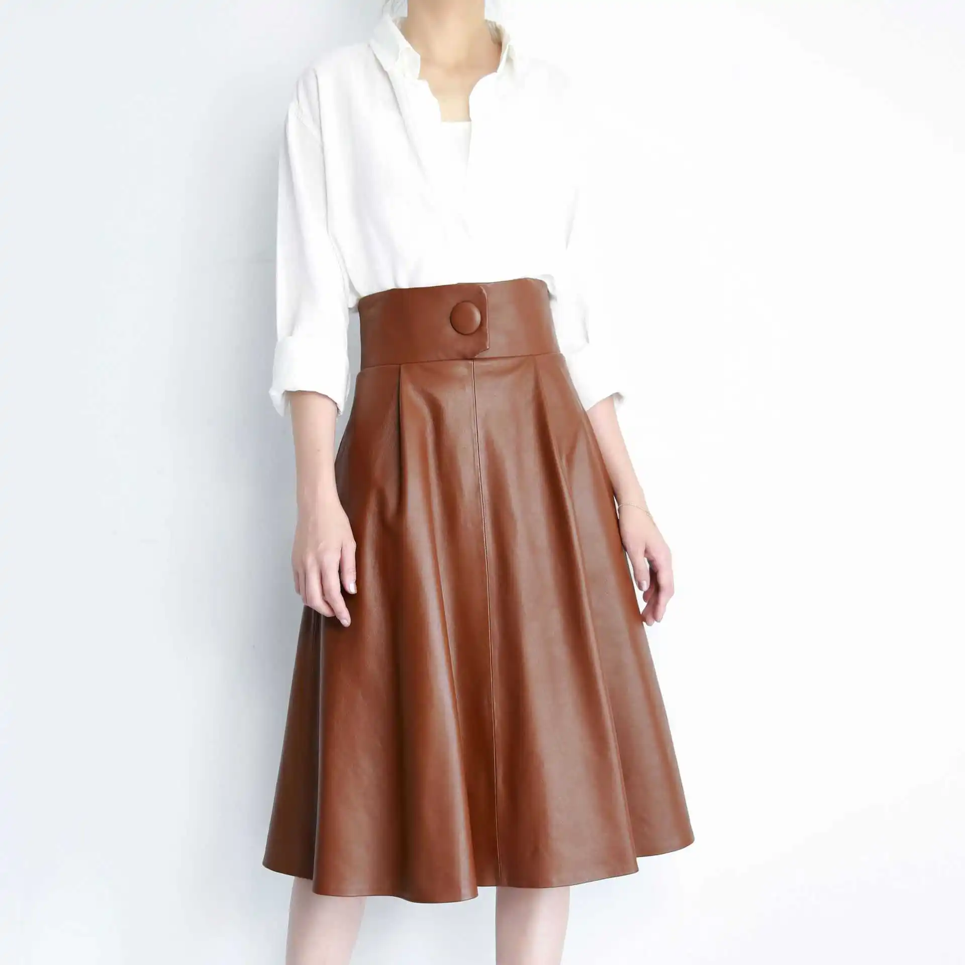 

Autumn Chic Winter women's elegant vintage high-rise leather Skirts High quality genuine leather A-line skirt C542