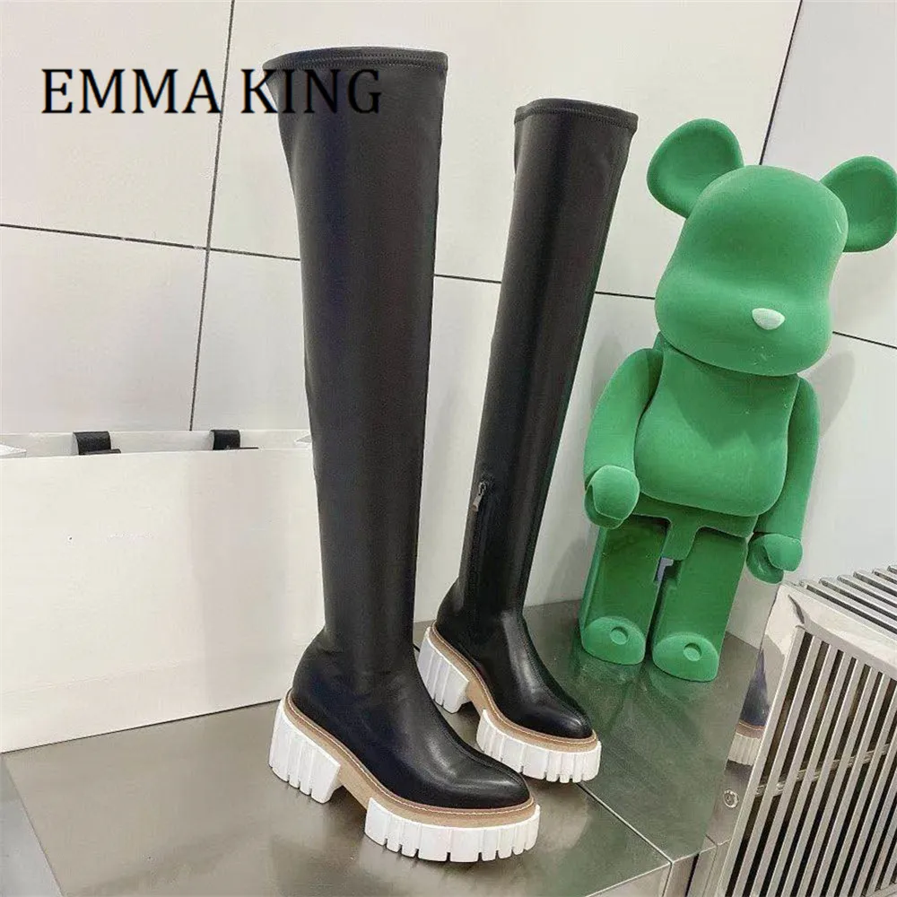 

Women Chunky Platform Thigh-High Boots Faux Leather Side Zip Over The Knee Boots Casual Riding Boots Round Toe Long Boots Woman
