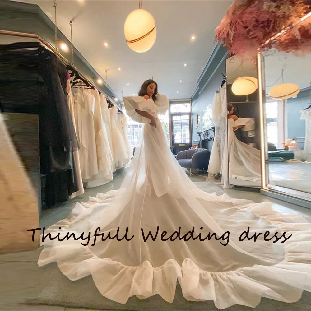 

Thinyfull 2021 Royal Long A-Line Beach Wedding Dresses Short Sleeves Sweetheart Organza Country Princess Boho Bridal Ball Gowns