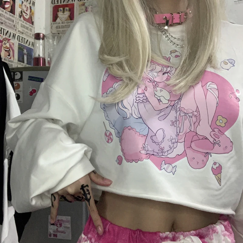 Harajuku kawaii cute cartoon anime girl printed t-shirt long sleeve white tshirts women sweet tops loose pullovers woman clothes