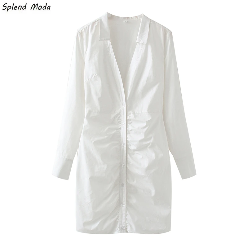 

2021 Early Autumn FashionFolds Lapel Long-Sleeve Single-Breasted Slim V-Neck Sexy Shirt Dress Female Solid Color Vestido Women