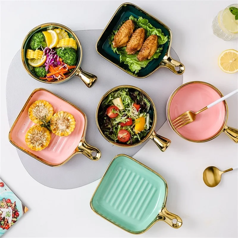 Керамическая миска с золотой ручкой тарелка инкрустацией роскошный фруктовый