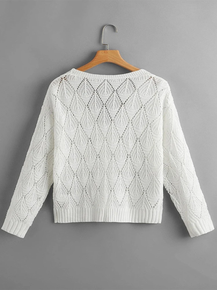 

Knitted Cardigan Women Sexy V Neck Hollow Out Transparent Sweater Long Sleeve Casual Loose Drop Shoulder Solid Cropped Cardigans