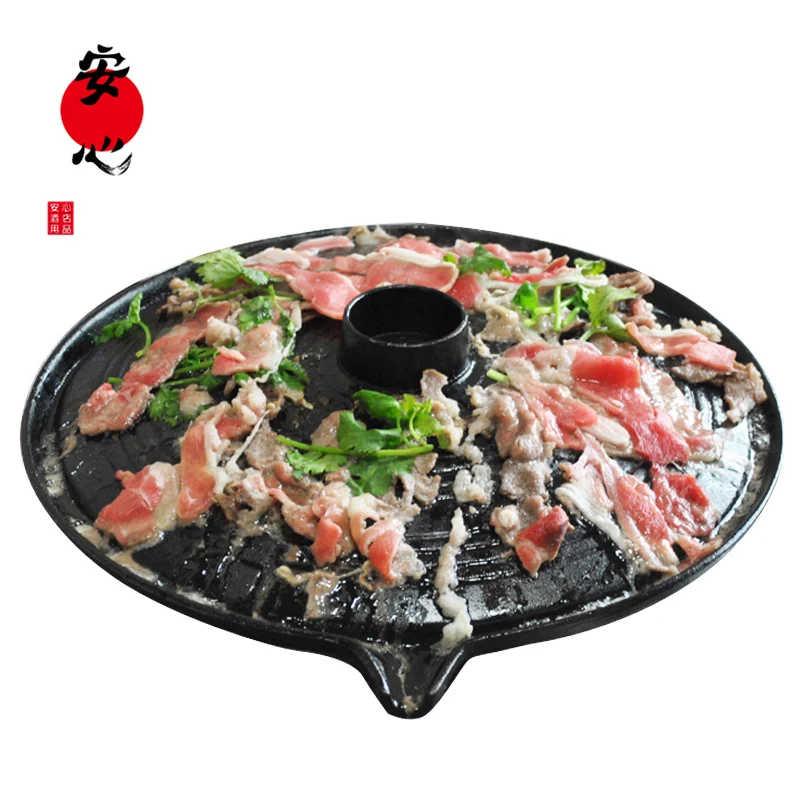 Placa de Churrasco Estilo Coreano Ferro Fundido Óleo Derramamento Arqueado Churrasco Bandeja Queima Panela Comercial Cobertura Casa Frigideira Grill Pan