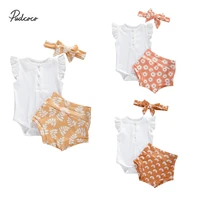 pudcoco fast shipping 0 18m 3pcs baby girl clothing set off shoulder solid cotton romper top printed shorts headband outfit set