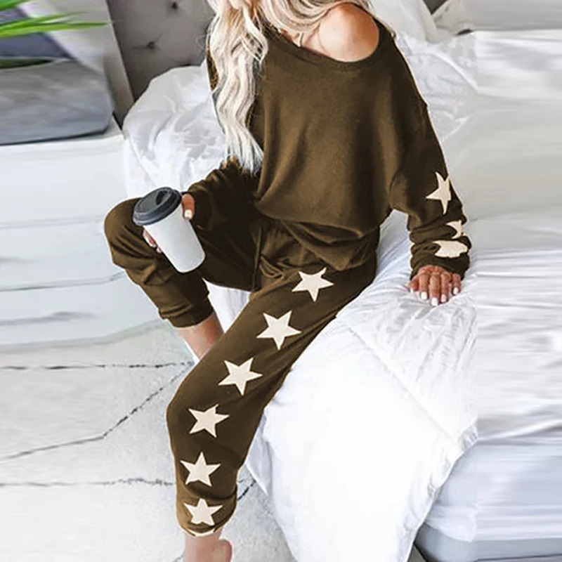 

Women Casual Loose style Two Piece Set Tracksuit Elegant Sexy Off shoulder stars printed Long Pant Sets Female Spring sportwear