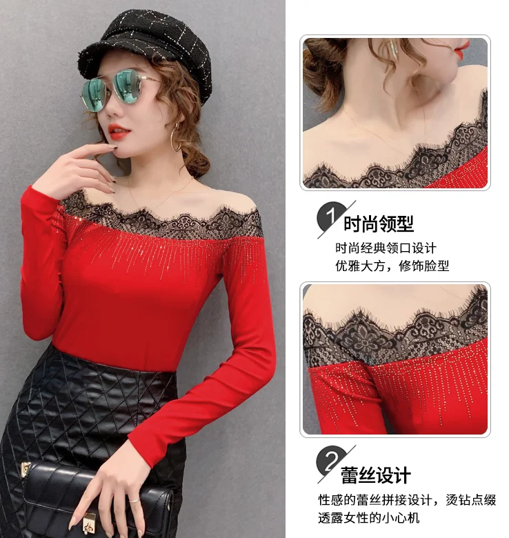 

Women clothes Korean fashion long-sleeved T shirt Diamond Women Tops Sexy Lace Stitching Cotton shirt