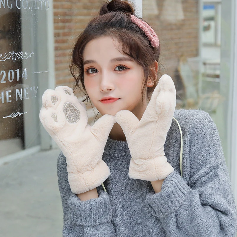

New Women Winter Warm Fuzzy Plush Full Finger Gloves Cute Cartoon Cat Paw Solid Outdoor Windproof Snow Ski Mittens Clothes Parts