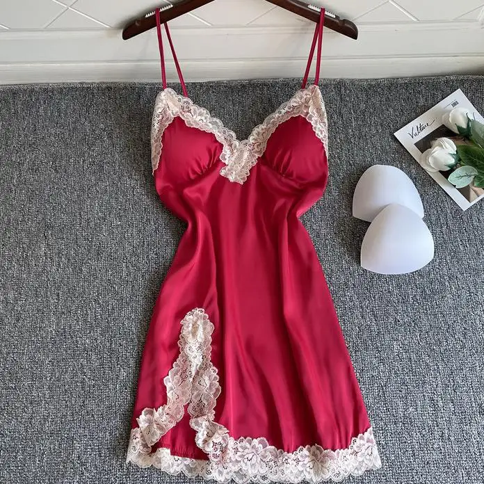 

Women Sleepdress Suspender Nightdress Summer Sleepwear Sexy Lace Trim Sleeveless Nightgown Split Home Dressing Gown Nightwear