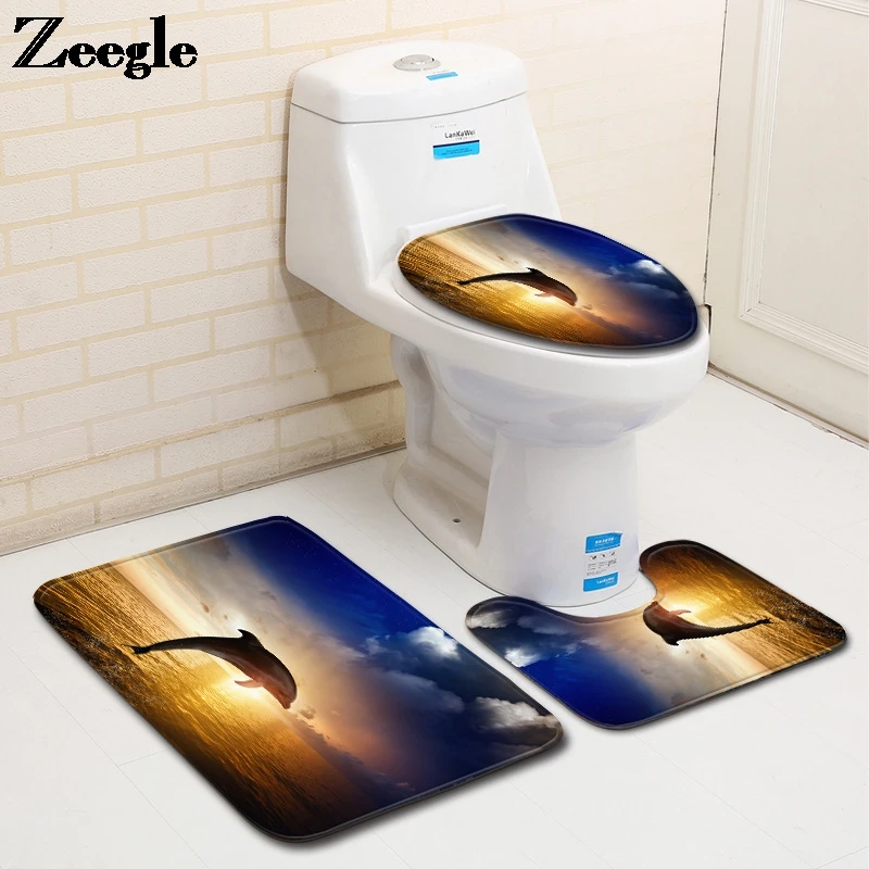 

Dolphin Printed Bath Mat in the Bathroom Floor Mat Flannel Shower Carpet Anti Slip Toilet Seat Cover Mat Washable Bath Floor Mat
