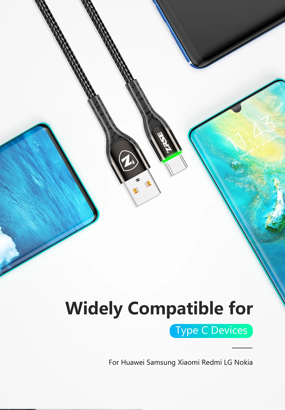 ZRSE светодиодный кабель usb type C 3M 2 м USB-C кабель передачи данных для быстрой зарядки телефона зарядное устройство Шнур для Xiaomi Redmi Note 8 7 huawei P30 Pro P20