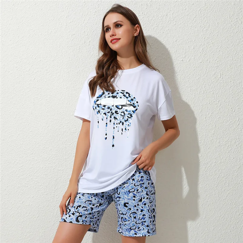 

Two Pieces Set Tie-dye Tracksuit Lips Short Sleeve Top T-shirt+Leopard Shorts Festival Matching Sets 2 Pieces Outfits For Women