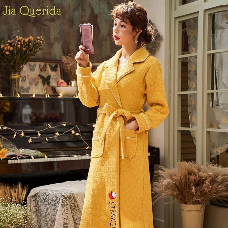 Женский халат плюс размер зимний теплый 100% хлопок ночные рубашки длинное желтое