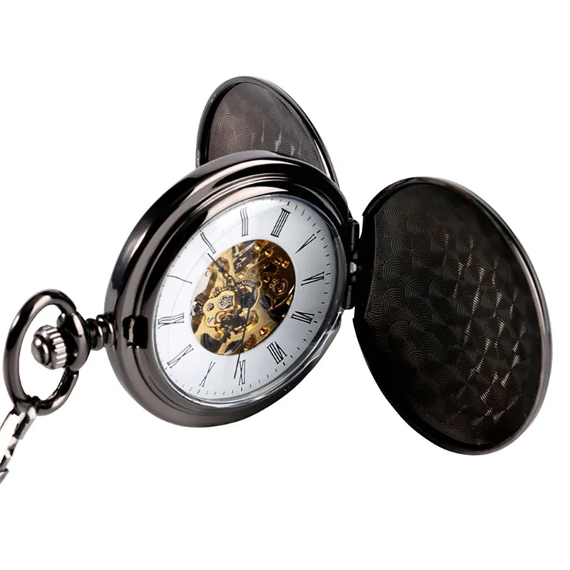 Antique Full Black Smooth Case Unisex Pocket Watch Skeleton Handwind Mechanical Clock Double Hunter Pendant Chain Roman Number