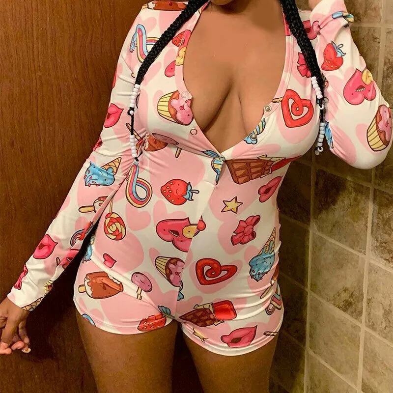 

Sexy Women V-neck Bodycon Stretch Leotard Button Sleepwear Capsicum Peach Long Sleeve Short Romper Pajamas Jumpsuit Overalls