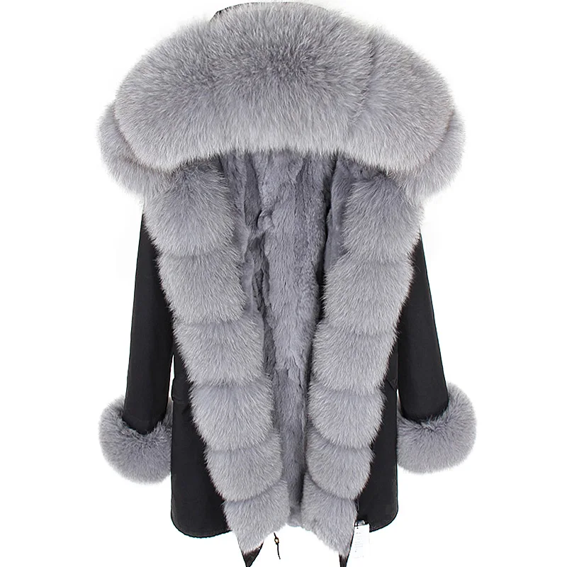 maomaokong Women jacket with natural fur real rabbit fur lined long Parka new fox fur collar parkas Women's coats Fur coat