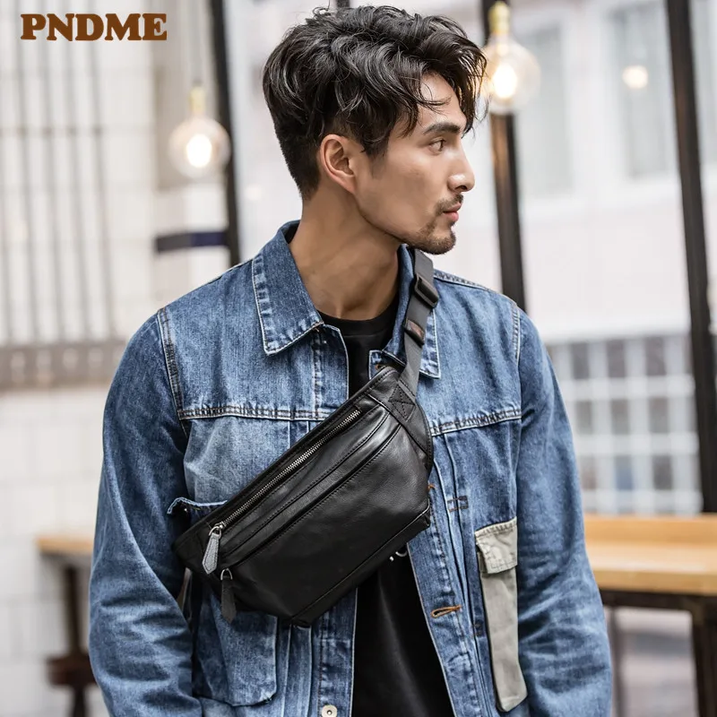 PNDME fashion real cowhide men's small chest bag casual waist packs genuine leather luxury daily black shoulder messenger bags