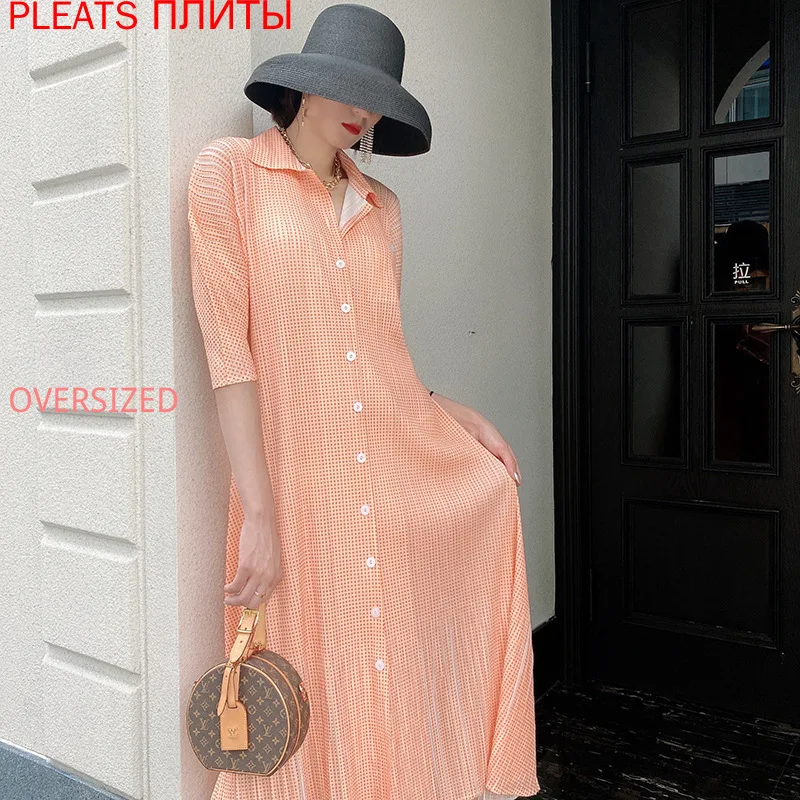 Summer New Korean Style Polka Dot Mid-length Shirt Dress Plaid Casual Slim Temperament Loose Pleated Dress Elegant Vestido