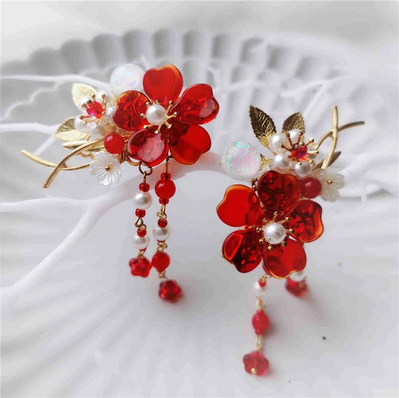 1 пара заколки для волос с кисточкой в стиле ретро красными цветами девочек