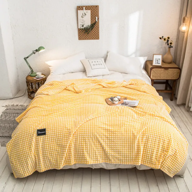 

Плед в шотландскую клетку, одеяло желтого цвета из кораллового флиса, для кровати, односпальный диван, 200x230 см