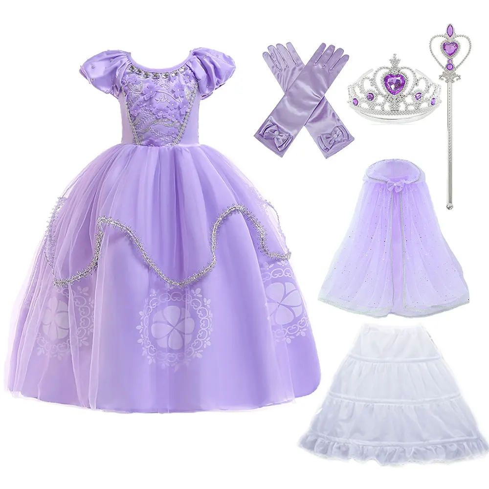 Purple  Princess Sofia Dress for Girl Kids Cosplay Costume Puff Sleeve Layerd Dresses Child Party Birthday Sophia Fancy Costumes