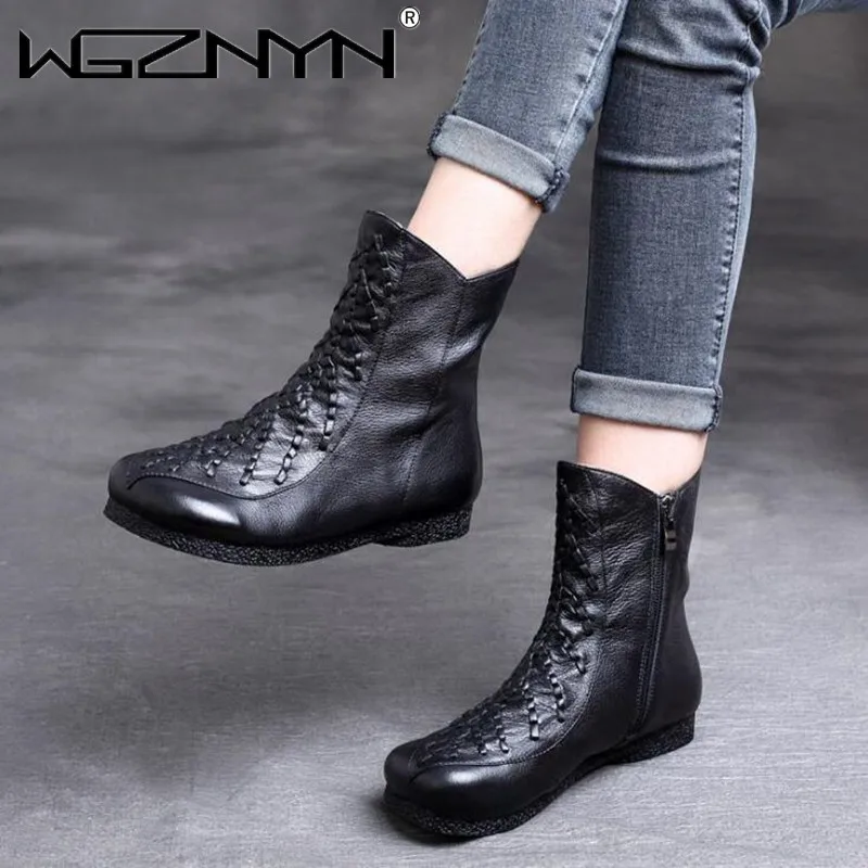 

Fashion Genuine PU Leather Print Shoes Women Boots 2022 New Autumn Winter Round Toe Flat with Zip Retro Handmade Platform Boots