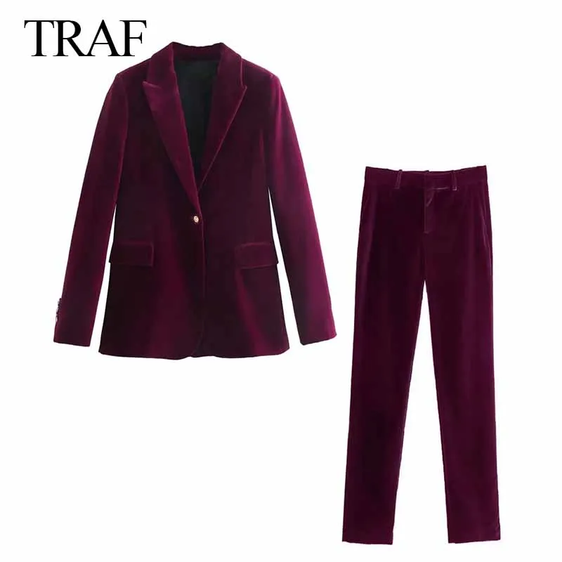 

TRAF ZA Red Velvet Set Woman 2 Pieces Elegant Single Button Blazers Female Suit High Waist Wide Leg Pants Fashion Trouser Suits