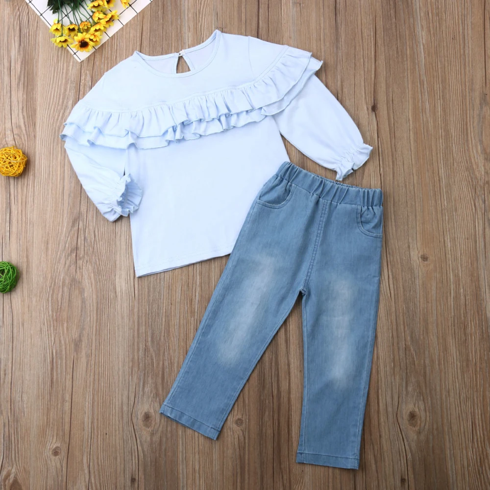 1-6Y Kids Baby Girl Clothes Sets Blue Long Sleeve Ruffle T-Shirt Tops +Denim Pants Jeans Outfits Kids Autumn Clothing