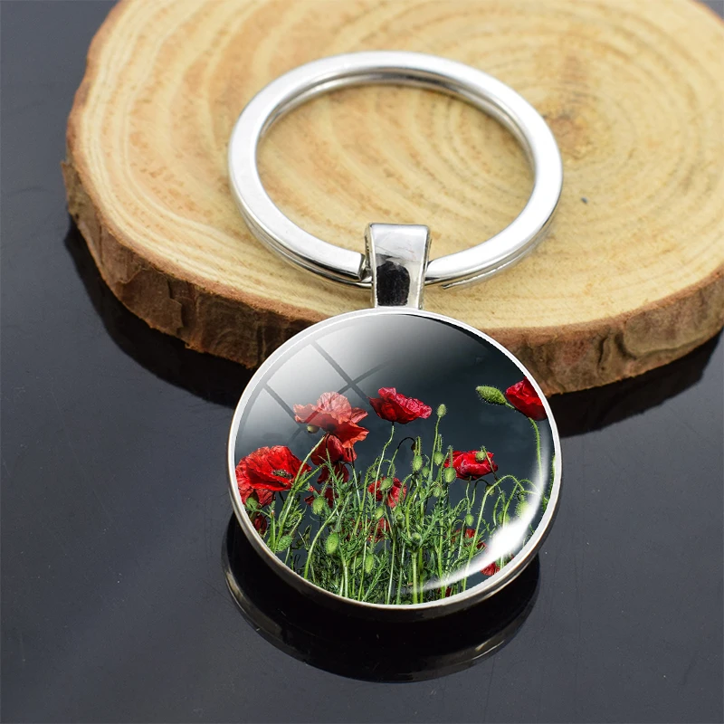 

Flowers Key Chains Poppy Flowers Double Side Glass Cabochon Keychain Pendant Keyring keychain for girls