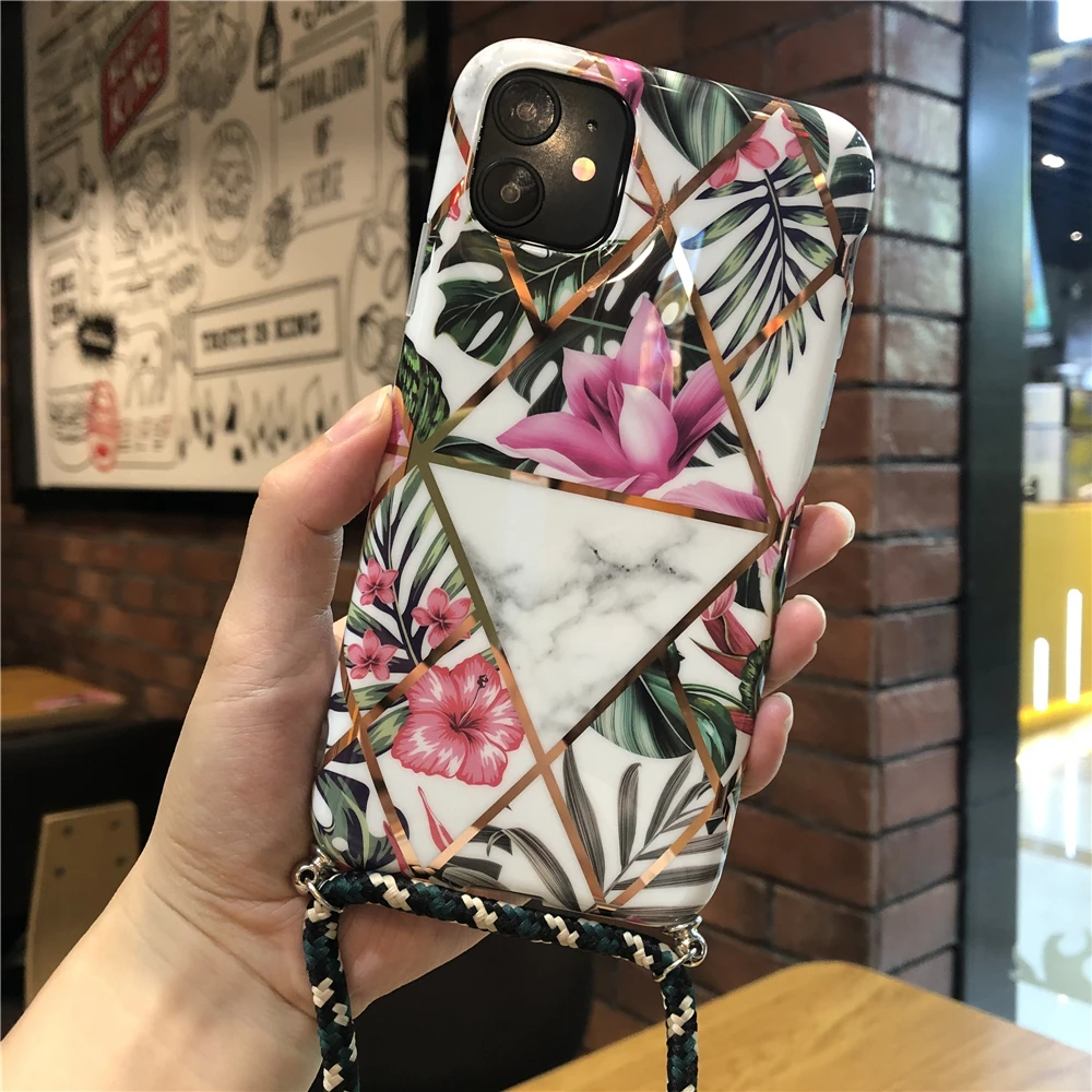plated geometric flower and leaf cover for iPhone 11 X Xs max XR 7 8 6 6s se2020 case With Crossbody Lanyard Neck Strap Rope |