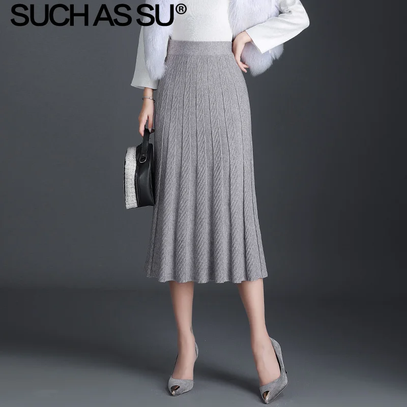Gray Skirt Новинка, женские вязаные юбки, Осень-зима, черный, серый, абрикосовый цвета, высокая талия, плиссированная юбка, тонкая, с оборками, средней длины, Женская юбка - Цвет: Gray Skirt
