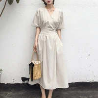 summer office ladies elegant vintage japan style women midi dresses casual linen high waist lace up female korean beige dress