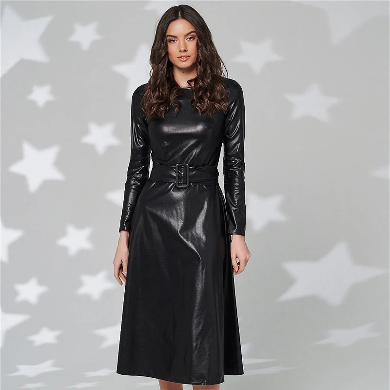 Faux Leather Dresses Women Long Sleeve Slim Fit PU Dress Sashes Belt Zipper Sexy Club Wear New Arrival 2021 Autumn Winter