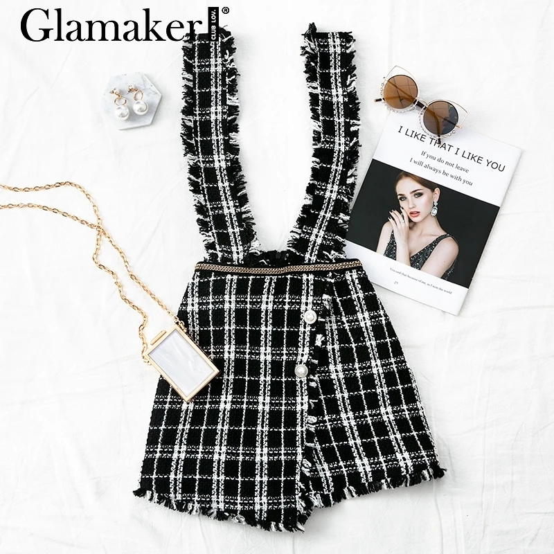 Черный Glamaker, твидовая юбка-шорты с бахромой на ремешке, юбка с высокой талией, новинка, мини-юбка, женские сексуальные вечерние юбки на лямках для клуба - Цвет: Черный