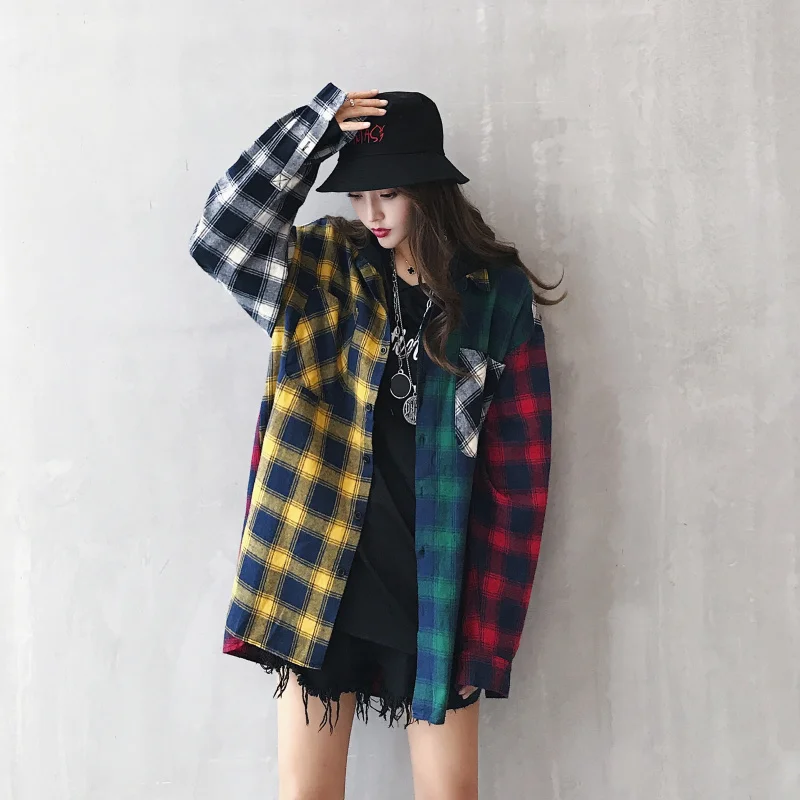 Стильная одежда в стиле хип-хоп весна-осень 2019 унисекс Лоскутная рубашка клетку
