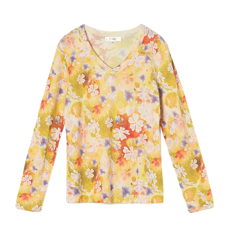 100% кашемировый свитер для женщин Осень-зима вязаный пуловер с цветочным принтом