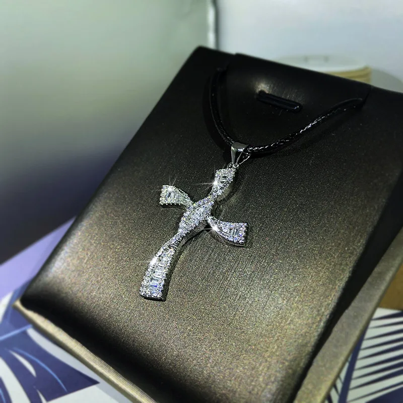 

925 Silver Color Necklace for Women Men Trapezoid Cubic Zirconia Cross Pendant Necklace with Rope Chain Unisex Fashion Jewelry