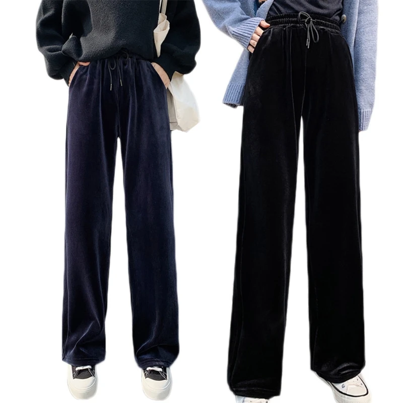 

Женские зимние Бархатные широкие брюки со шнуровкой, свободные расклешенные брюки с высокой талией, теплые однотонные спортивные брюки с п...
