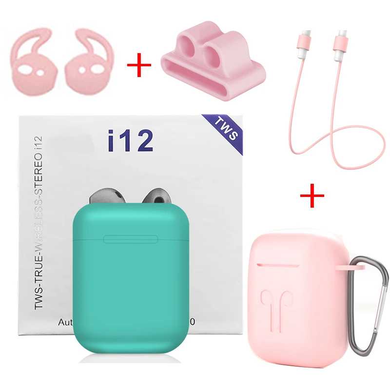 Green - Pink Cases Беспроводные Bluetooth наушники i12 TWS спорт телефон Bluetooth 5,0 наушники с наушниками аксессуары чехол для i7s i10 i13 i30 i20 TWS - Цвет: Green - Pink Cases