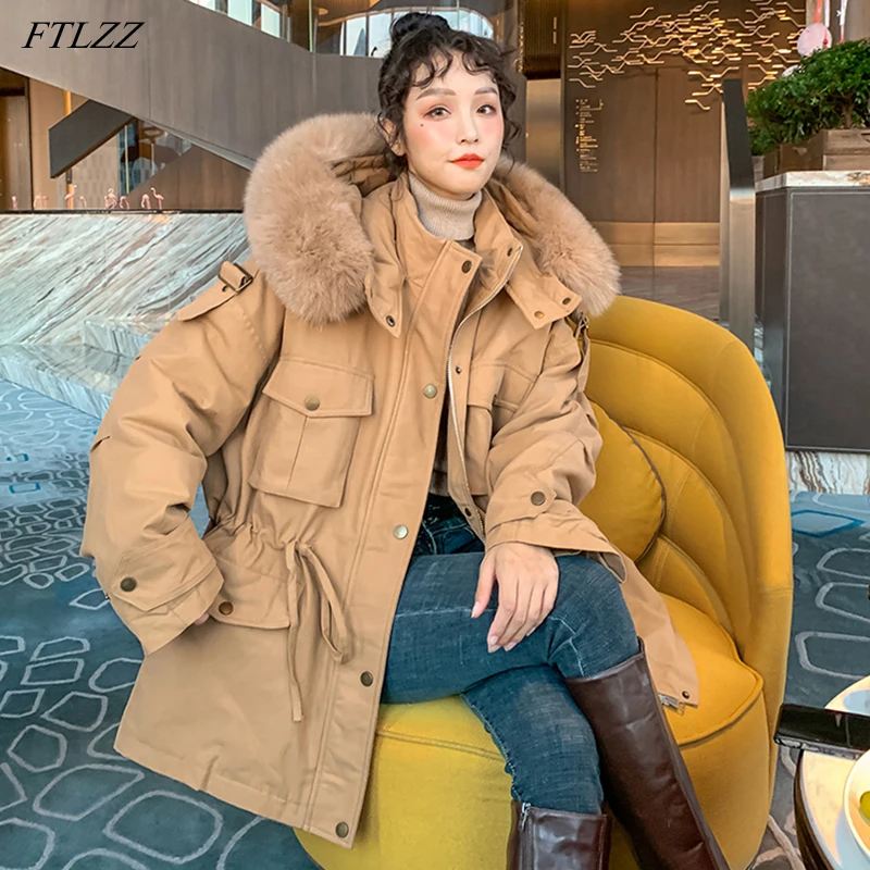 

FTLZZ зимнее женское пальто 90% на белом утином пуху, Толстая теплая зимняя верхняя одежда с большим капюшоном из натурального меха, свободная к...