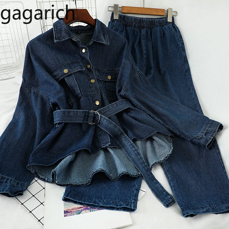 Gagarich Lady Denim Two Piece Set Vintage Lapel Button Sashes Tops Elastic Waist Straight Ankle Length Pants Spring Suits Chic |