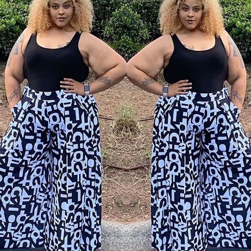 

New fashion loose large print wide leg pants summer casual high waist elastic belt women's pants