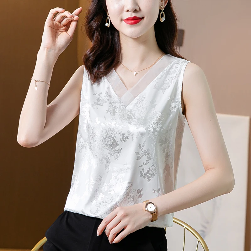 

Mesh Female Printed flowers Summer 2021 New Spaghetti Strap Tank V Neck Sleeveless vest Poplin Loose Camis Women Tops 202i
