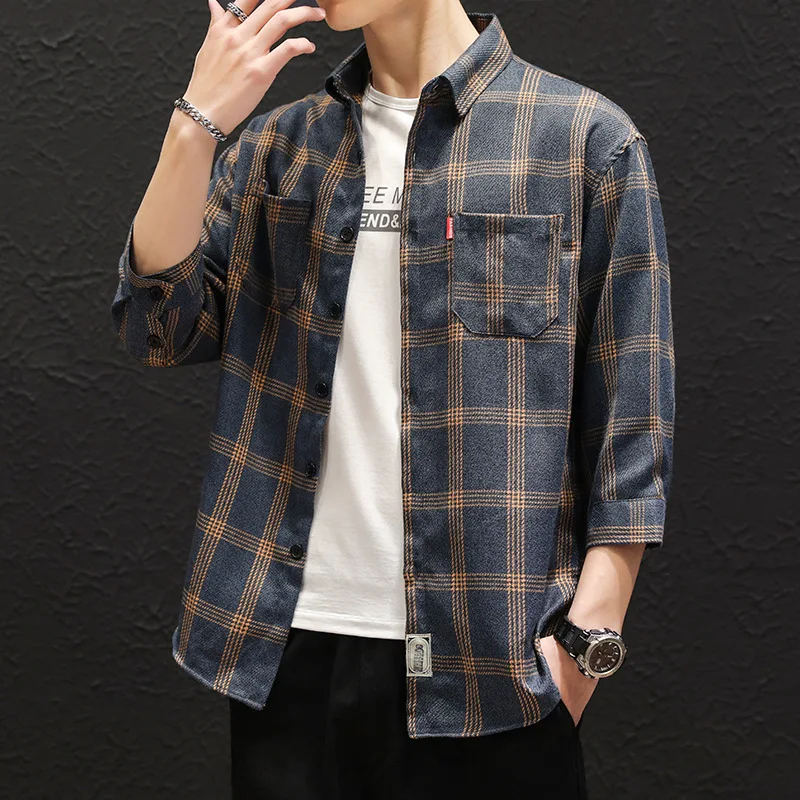 

2020 New Autumn half-sleeved Shirt Men Slim Fit Wool Casual Plaid Shirts Men Clothing Fashion Korean Brand Plus Size M-4XL