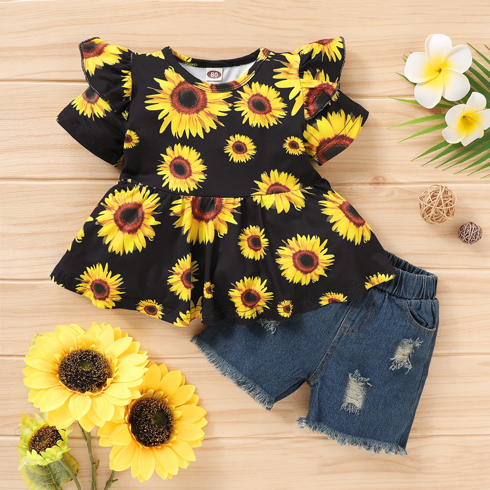 

Girl’s 2Pcs Summer Clothes Suit, Sunflower Printed Ruffled Hem Short Sleeve Tops with Short Ripped Jeans New Style 2021