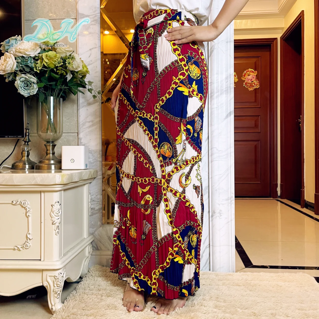 Летняя Женская эластичная шелковая хлопковая юбка с принтом и высокой талией