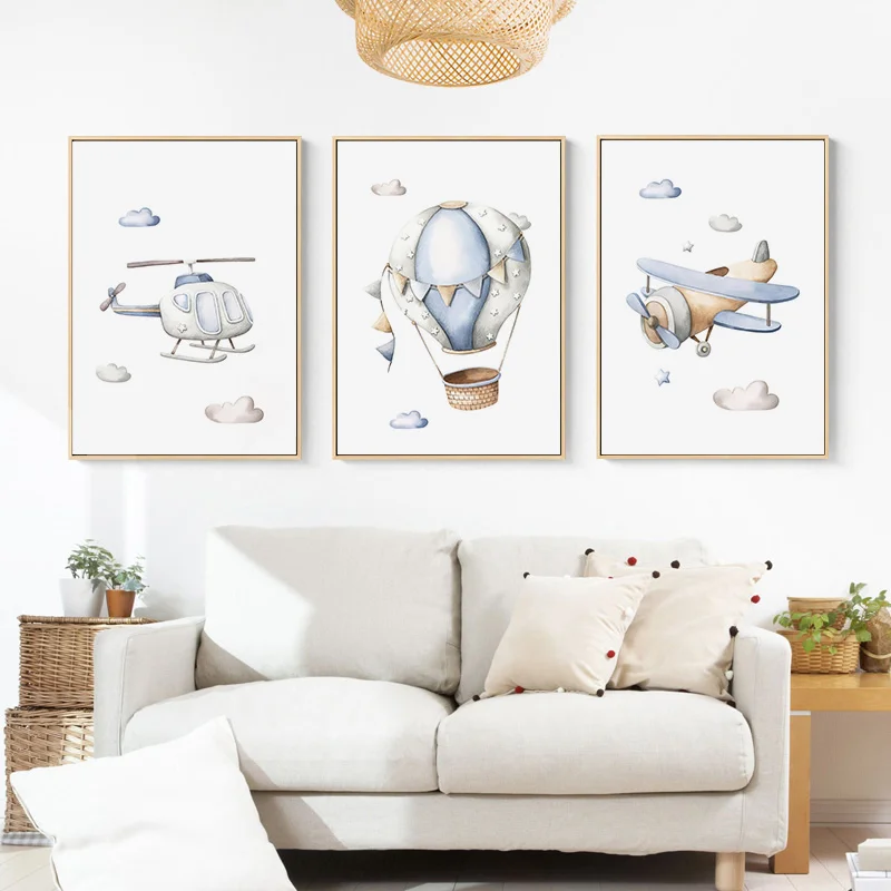 

Airplane Helicopter Hot Air Balloon Flying Tool Poster and Print Nursery Wall Art Canvas Painting Picture Kids Room Decoration