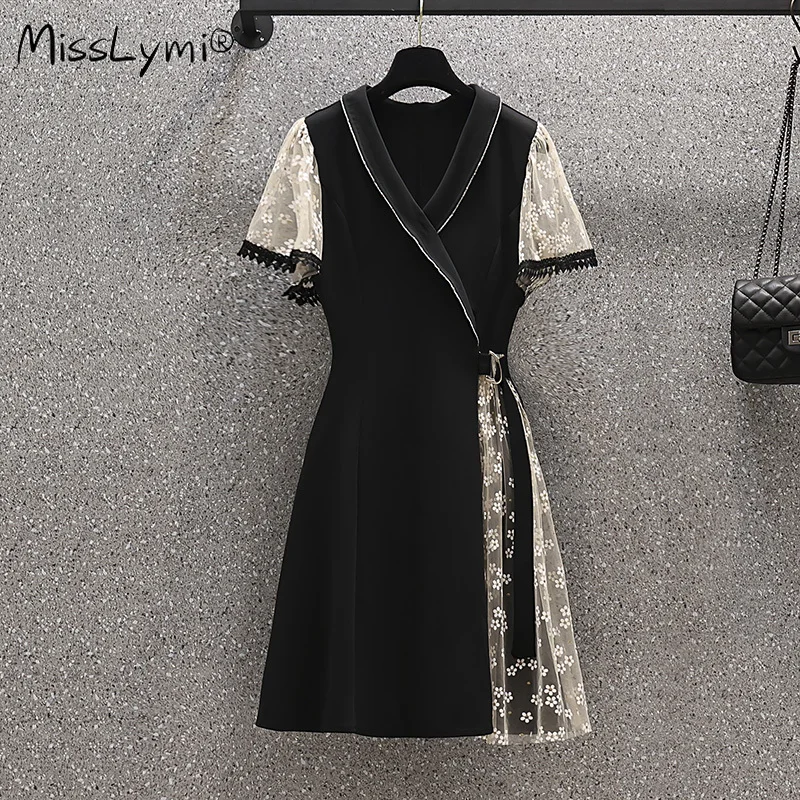 

Женское ТРАПЕЦИЕВИДНОЕ ПЛАТЬЕ составного кроя, черное элегантное Сетчатое платье большого размера с V-образным вырезом, коротким рукавом и ...